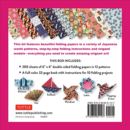 Origami Paper in a Box - Japanese Washi Patterns: 200 Sheets of Tuttle Origami Paper: 6x6 Inch Origami Paper Printed with 12 Different Patterns: 32-page Instructional Book of 10 Projects