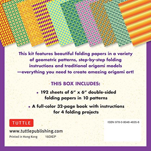 192 Origami Folding Papers in Geometric Patterns: 6x6 Inch Origami Paper Printed with 8 Different Patterns: Origami Book with Instructions 4 Projects Included