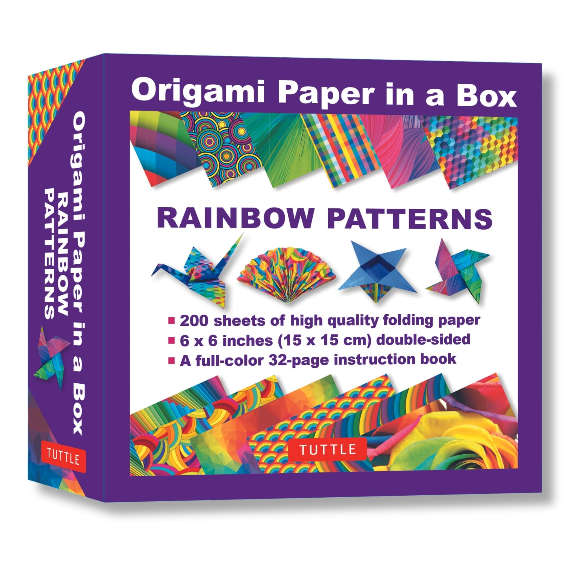 Origami Paper in a Box - Rainbow Patterns: 200 Sheets of Tuttle Origami Paper: 6x6 Inch Origami Paper Printed with 12 Different Patterns: 32-page Instructional Book of 12 Projects
