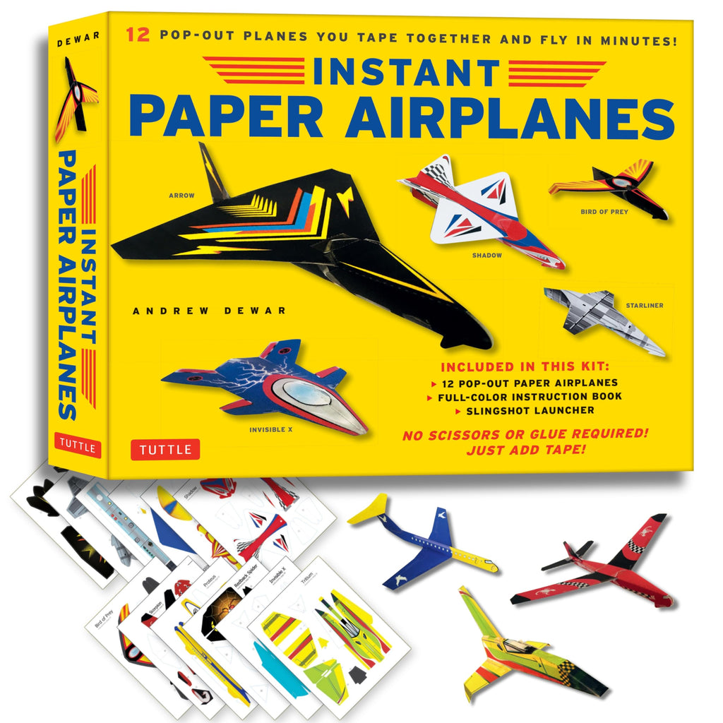 Instant Paper Airplanes Kit: 12 Pop-out Airplanes You Tape Together and Fly in Minutes! [12 precut pop-out airplanes; slingshot launcher, tape & full-color book]