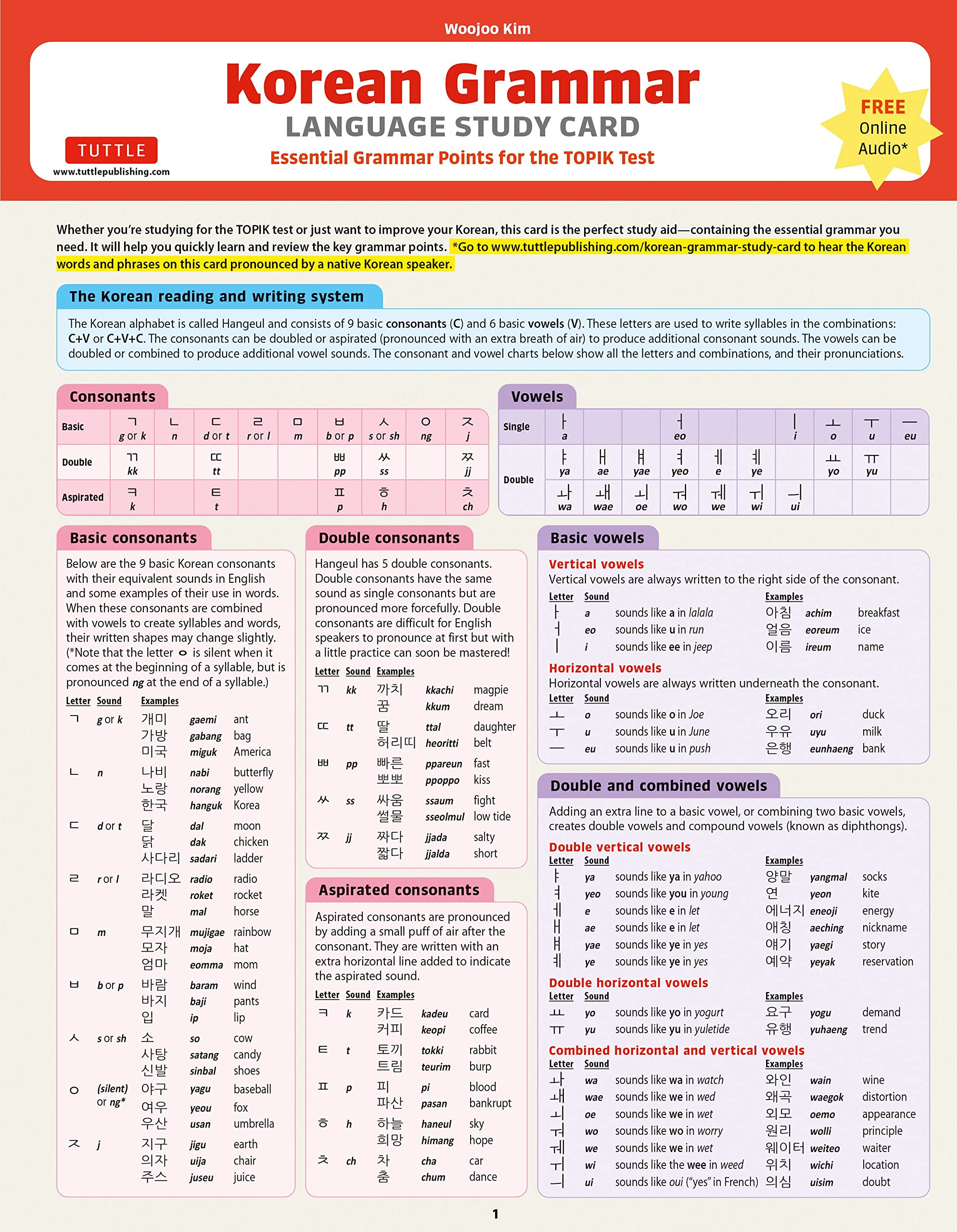 Korean Grammar Language Study Card: Essential Grammar Points for the TOPIK Test (Includes Online Audio)